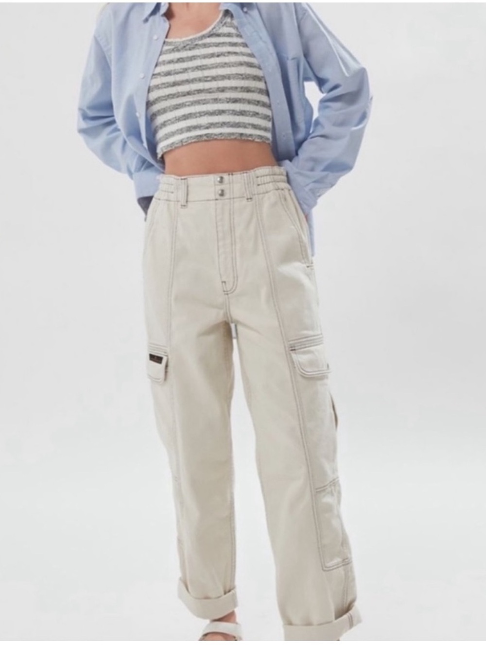 BDG Relaxed Skate Jeans Pants Cargo Pockets Baggy Elastic Waist Cream 28